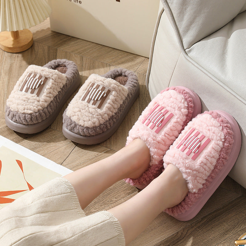 New Color-matching Lamb Slippers Indoor Couple Non-slip Floor Bedroom Slipper Winter Warm House Shoes For Women Men