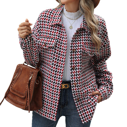 Fashion Houndstooth Lapel Tweed Coat Casual Loose Long Sleeve Jacket With Pocket Outwear Tops For Womens Clothing