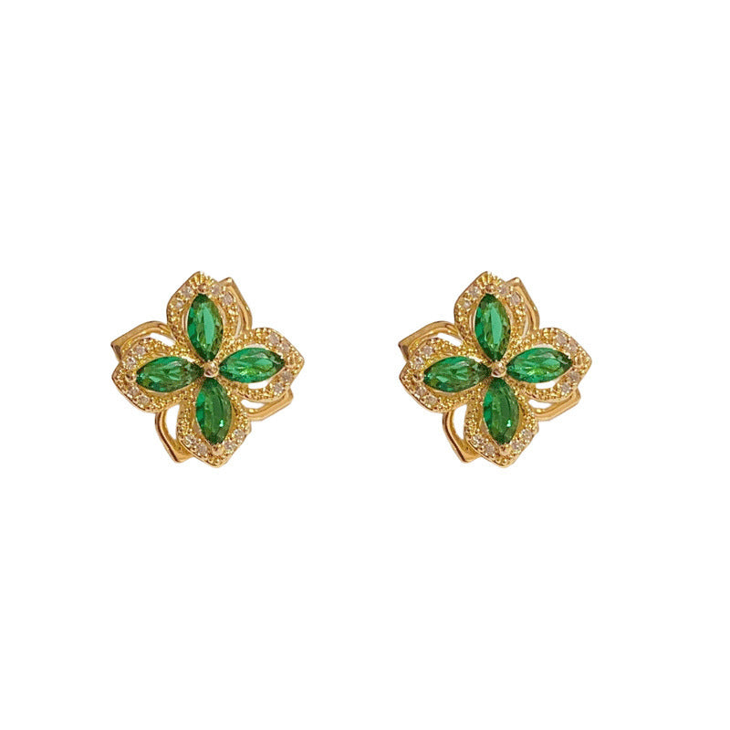 Green Zircon Rotating Four-leaf Clover Earrings